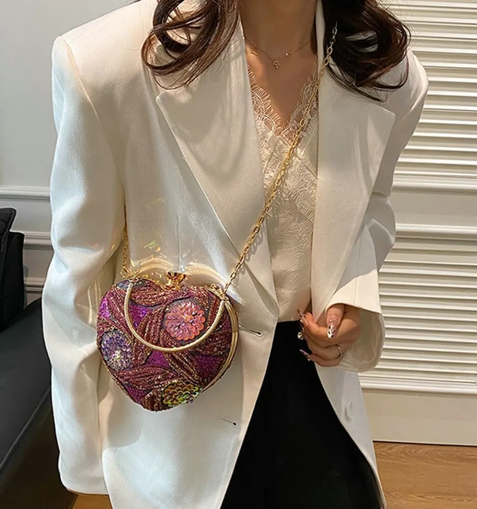 Women Heart Shaped Clutch Handbag Wedding Party Evening Bag Mini Chain Purse Cocktail Prom Crossbody Bag