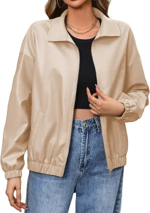Women Leather Jacket Casual Zip Up Trendy Bomber Motorcycle Jacket Pu Moto Biker Coat Leather Shacket Outwear 2024