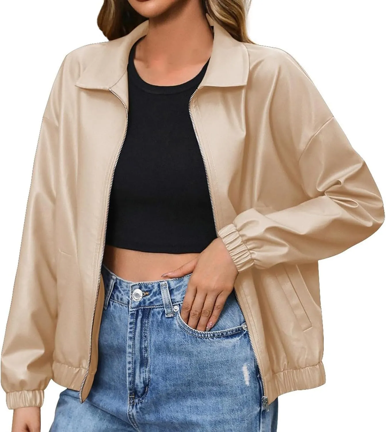 Women Leather Jacket Casual Zip Up Trendy Bomber Motorcycle Jacket Pu Moto Biker Coat Leather Shacket Outwear 2024