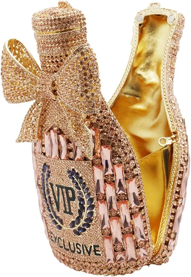 Women Rhinestone Clutch Purse Champagne Bottle Evening Bag Bling Diamond Handbag Unique Bride Purse for Paty Wedding