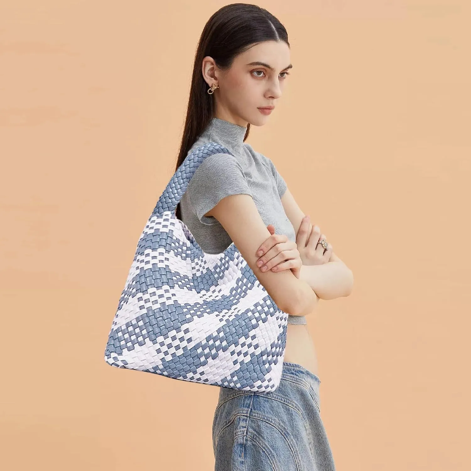Women Vegan Leather Hand-Woven Tote Handbag Fashion Shoulder Top-handle Bag All-Match Underarm Bag with Purse