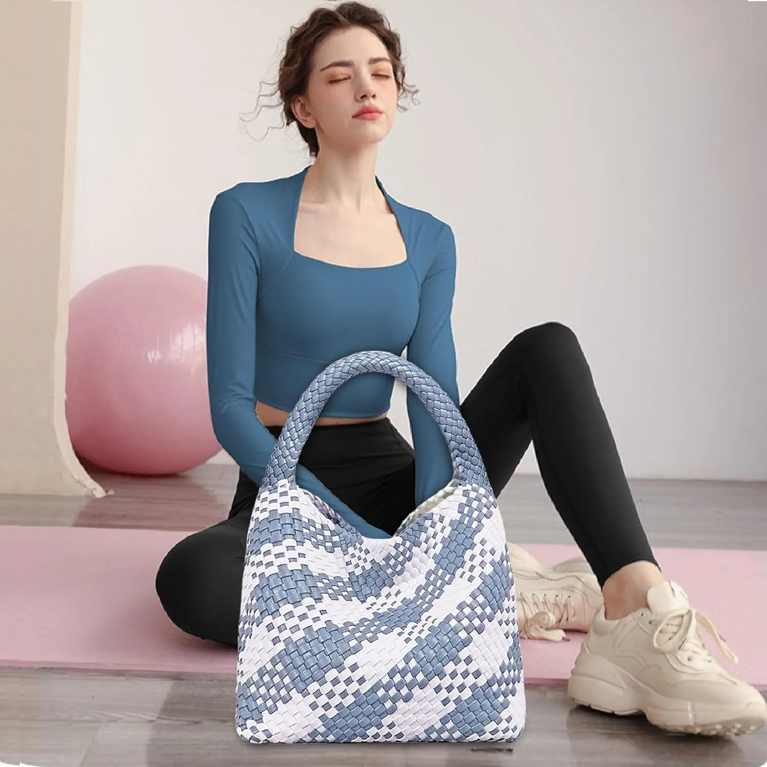 Women Vegan Leather Hand-Woven Tote Handbag Fashion Shoulder Top-handle Bag All-Match Underarm Bag with Purse