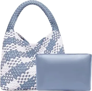 Women Vegan Leather Hand-Woven Tote Handbag Fashion Shoulder Top-handle Bag All-Match Underarm Bag with Purse