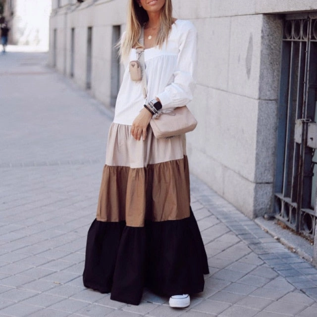 Women Vintage Patchwork Square Collar Long Sleeve Loose Maxi Dress