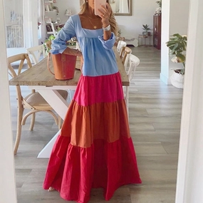 Women Vintage Patchwork Square Collar Long Sleeve Loose Maxi Dress