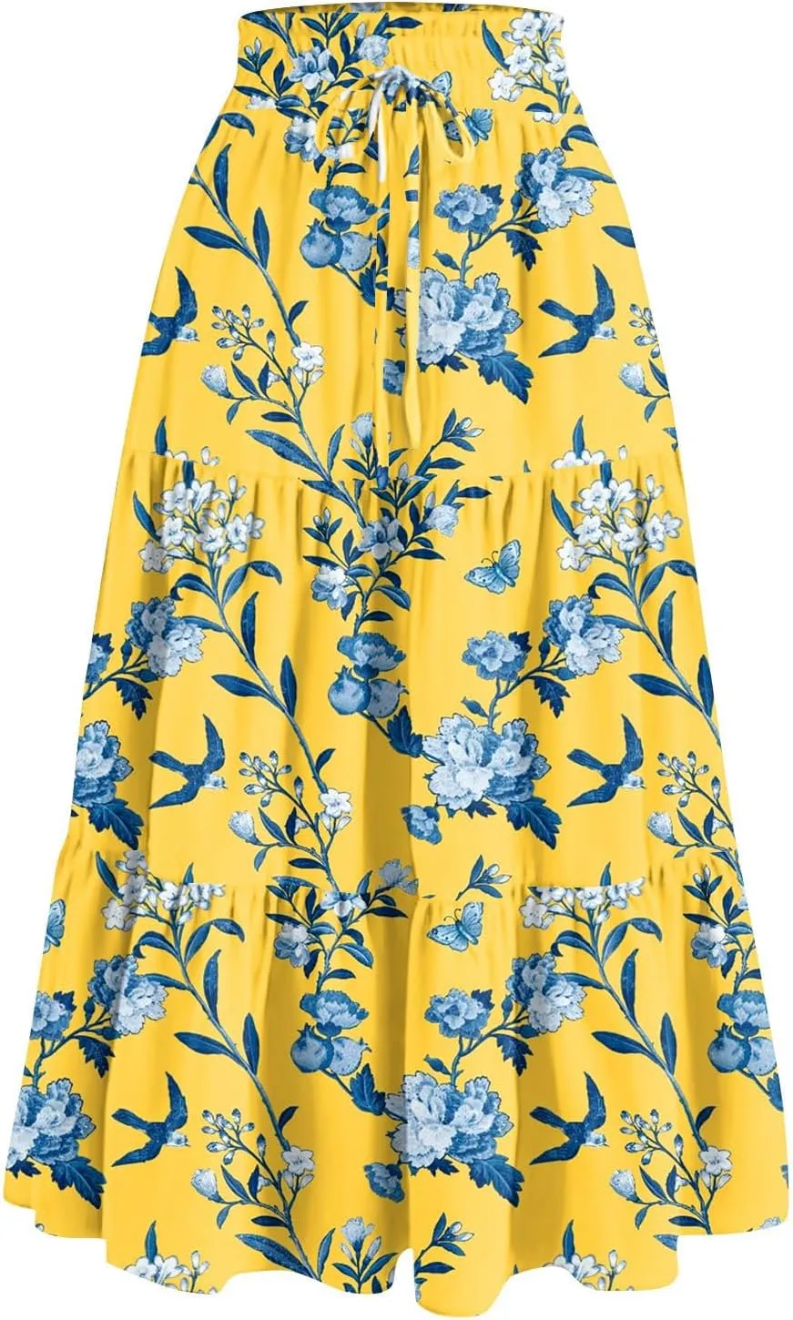 Women's 2025 Bohemian Long Skirts Flowy High Waist A Line Elegant Maxi Skirts for Women Summer Pleated Midi Skirts