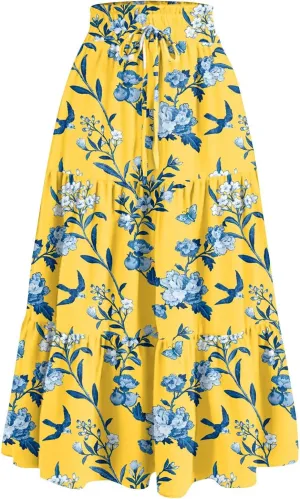 Women's 2025 Bohemian Long Skirts Flowy High Waist A Line Elegant Maxi Skirts for Women Summer Pleated Midi Skirts