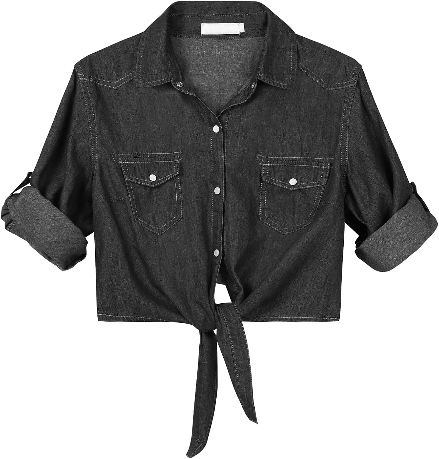 Women's 3/4 Sleeve Front Tie Shirt Denim Shirt Crop Cardigan Jean Crop Top Chambray Knot Shirt