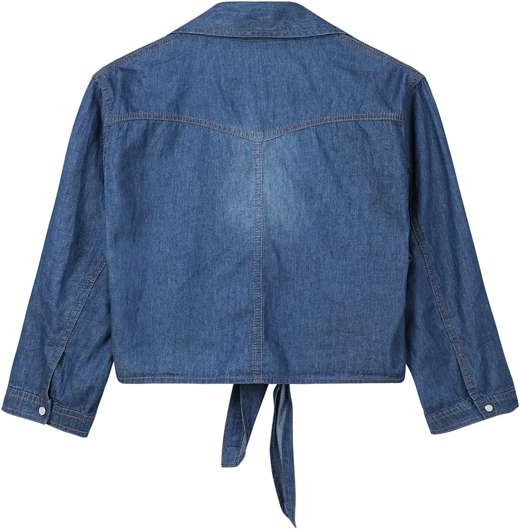 Women's 3/4 Sleeve Front Tie Shirt Denim Shirt Crop Cardigan Jean Crop Top Chambray Knot Shirt