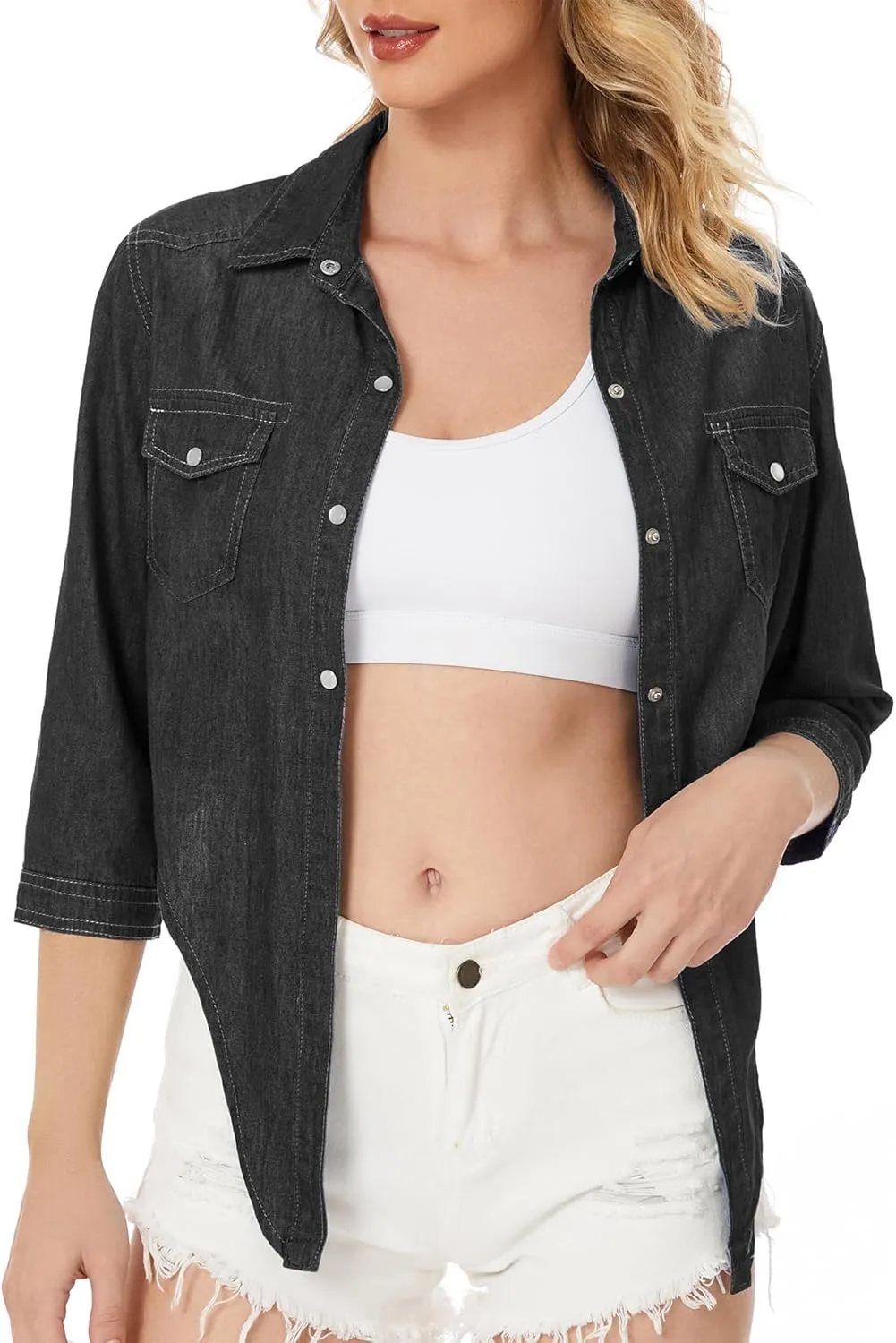Women's 3/4 Sleeve Front Tie Shirt Denim Shirt Crop Cardigan Jean Crop Top Chambray Knot Shirt