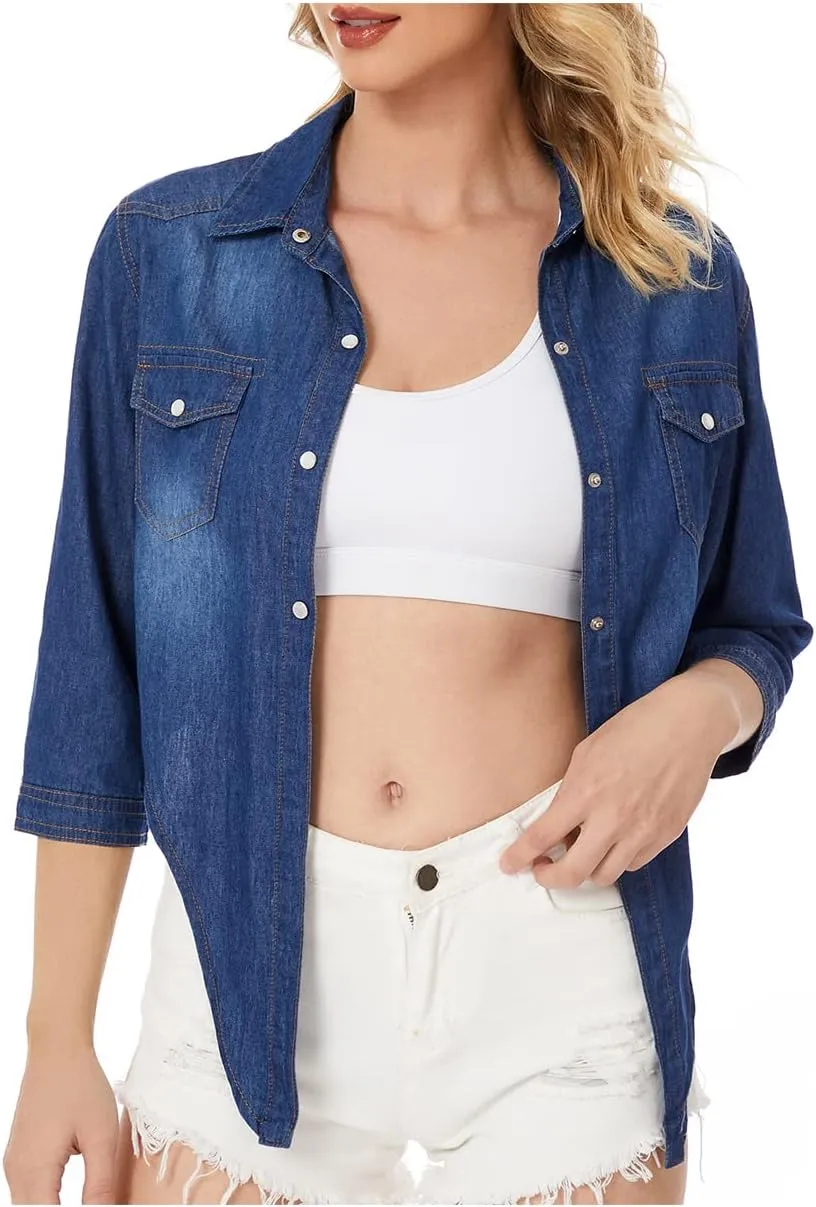 Women's 3/4 Sleeve Front Tie Shirt Denim Shirt Crop Cardigan Jean Crop Top Chambray Knot Shirt