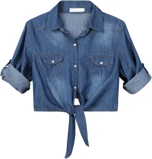 Women's 3/4 Sleeve Front Tie Shirt Denim Shirt Crop Cardigan Jean Crop Top Chambray Knot Shirt
