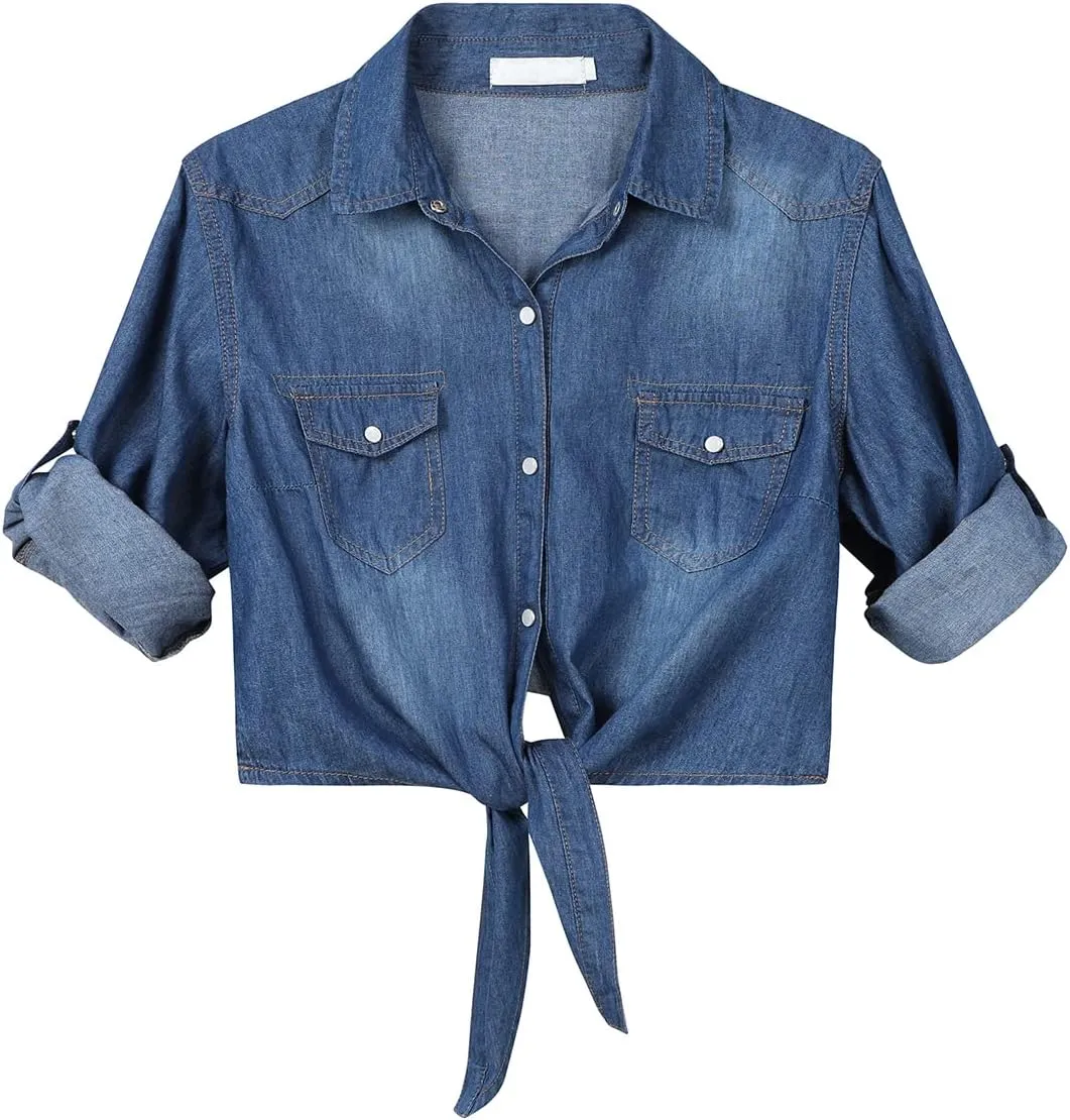 Women's 3/4 Sleeve Front Tie Shirt Denim Shirt Crop Cardigan Jean Crop Top Chambray Knot Shirt