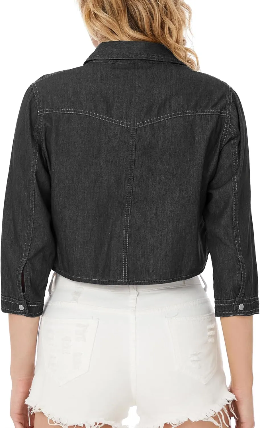 Women's 3/4 Sleeve Front Tie Shirt Denim Shirt Crop Cardigan Jean Crop Top Chambray Knot Shirt