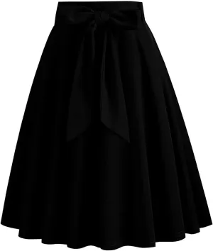 Women's A-Line Swing Vinage Skirts Bow Tie Front High Waist Skater Flared Midi Skirt Evening Gown Prom Skirt