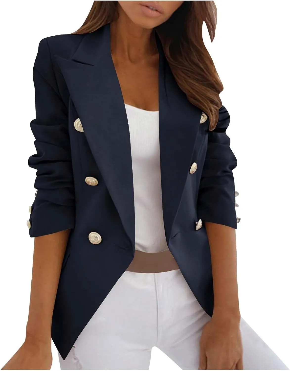 Womens Blazer Lapel Collar Open Front Suit Top Fashion Double Breasted Solid Pea Coat Business Work Office Jackets