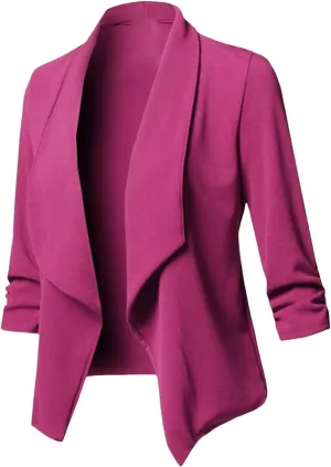 Womens Casual Blazers Stretch 3/4 Gathered Sleeve Blazer Jacket Open Front Cardigan Jacket Work Office Blazer