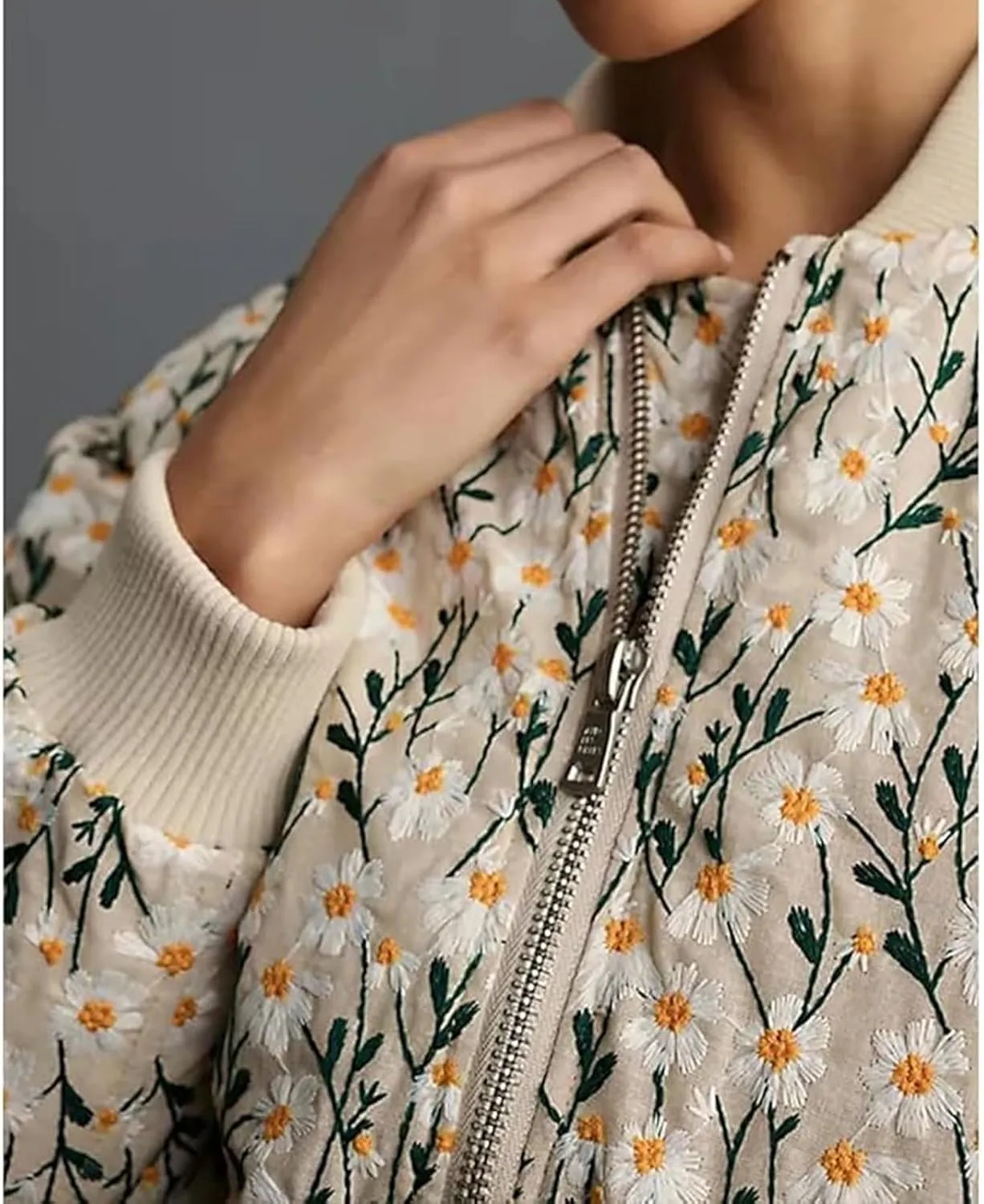 Women's Cropped Floral Print Bomber Jacket Winter Warm Puffer Jacket Zip Up Padded Coat with Pockets