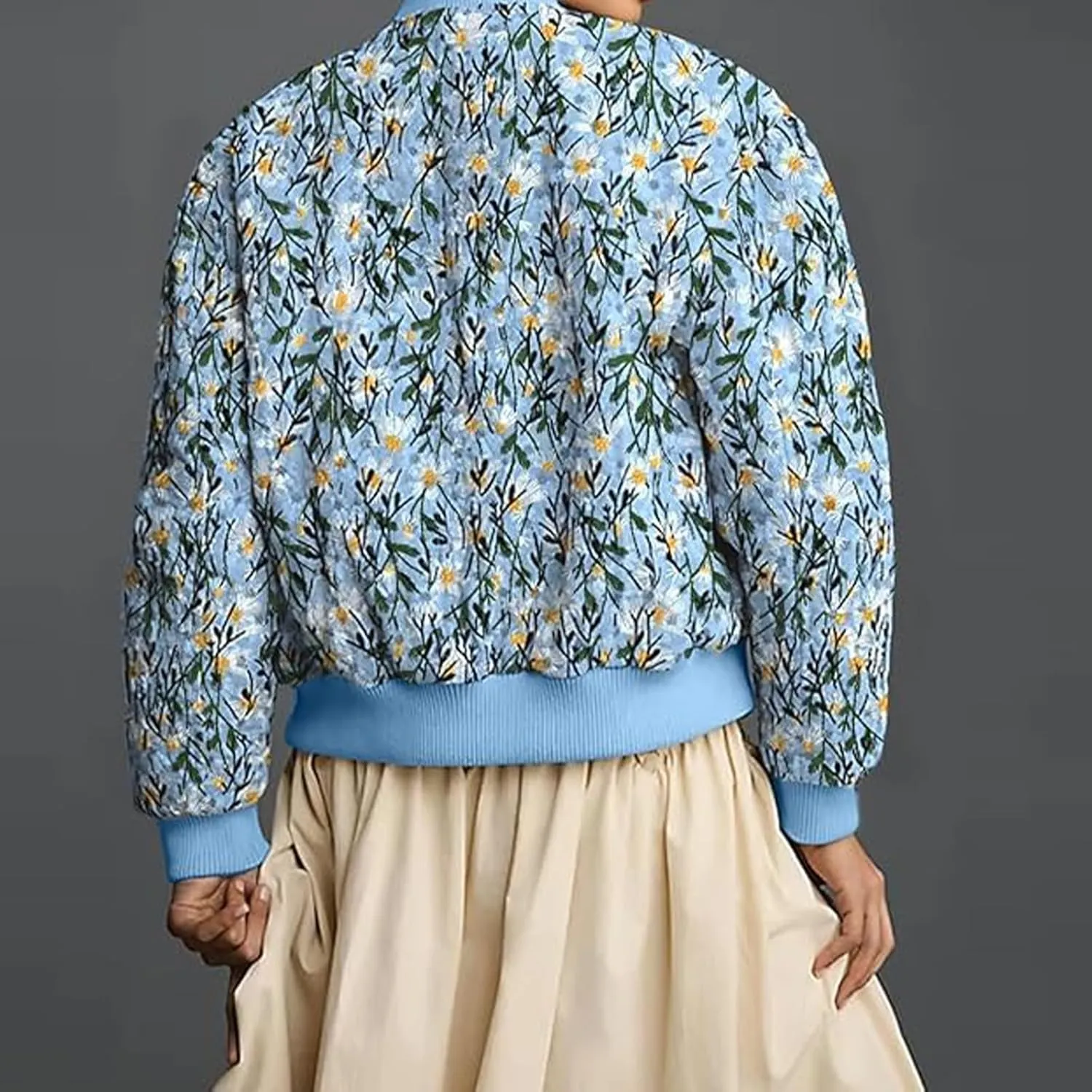 Women's Cropped Floral Print Bomber Jacket Winter Warm Puffer Jacket Zip Up Padded Coat with Pockets