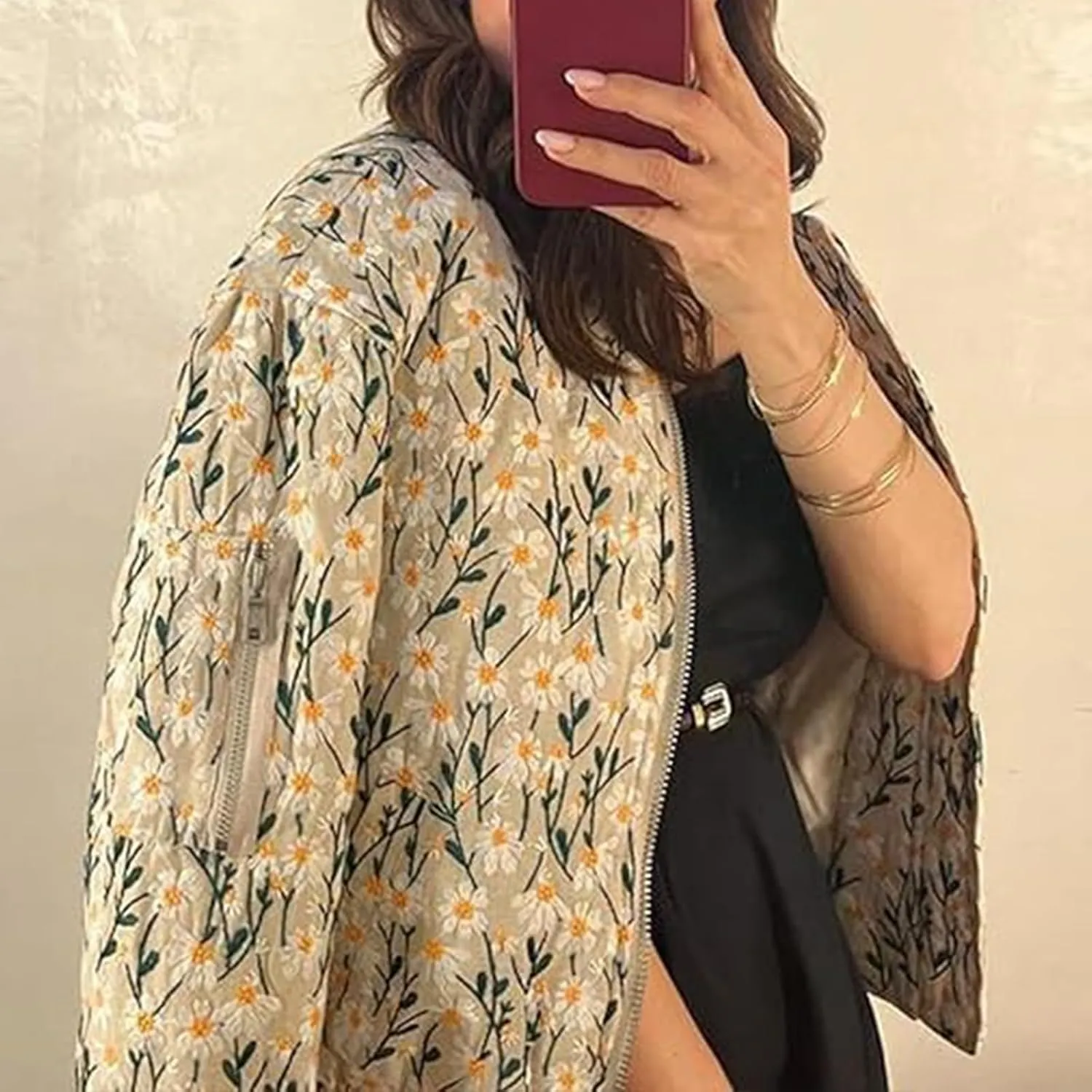 Women's Cropped Floral Print Bomber Jacket Winter Warm Puffer Jacket Zip Up Padded Coat with Pockets