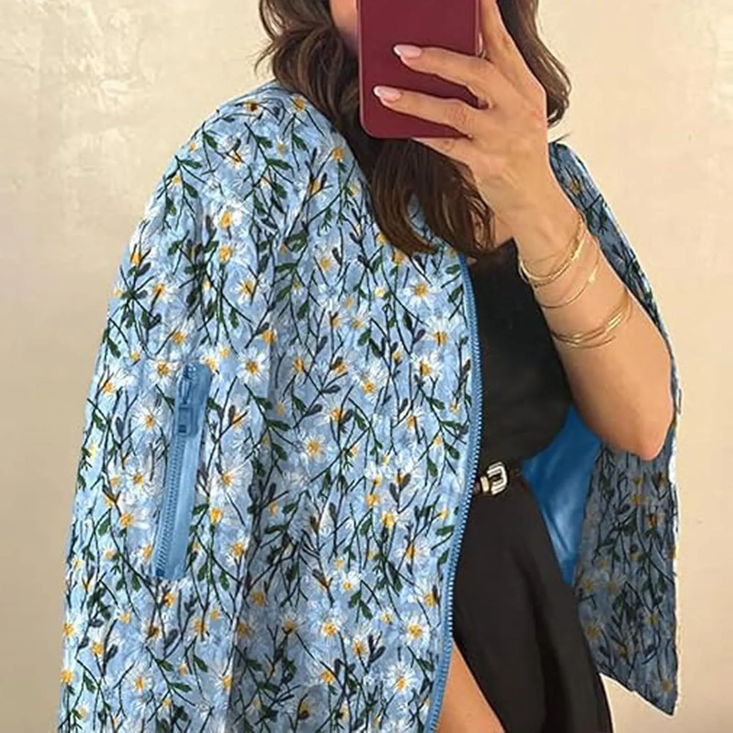 Women's Cropped Floral Print Bomber Jacket Winter Warm Puffer Jacket Zip Up Padded Coat with Pockets