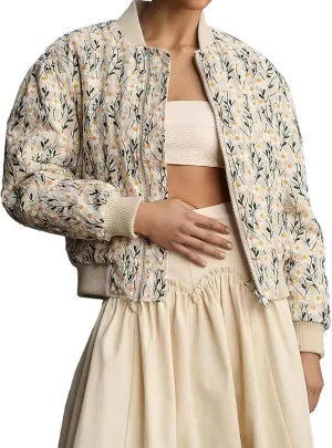Women's Cropped Floral Print Bomber Jacket Winter Warm Puffer Jacket Zip Up Padded Coat with Pockets