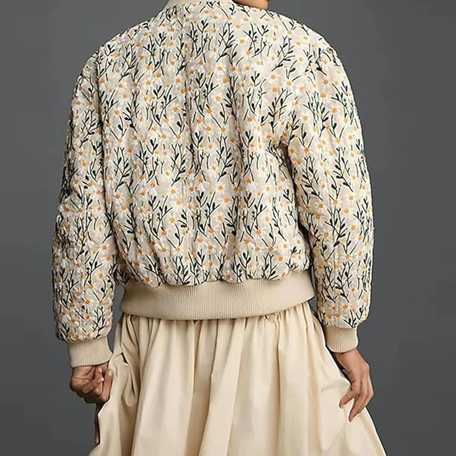 Women's Cropped Floral Print Bomber Jacket Winter Warm Puffer Jacket Zip Up Padded Coat with Pockets