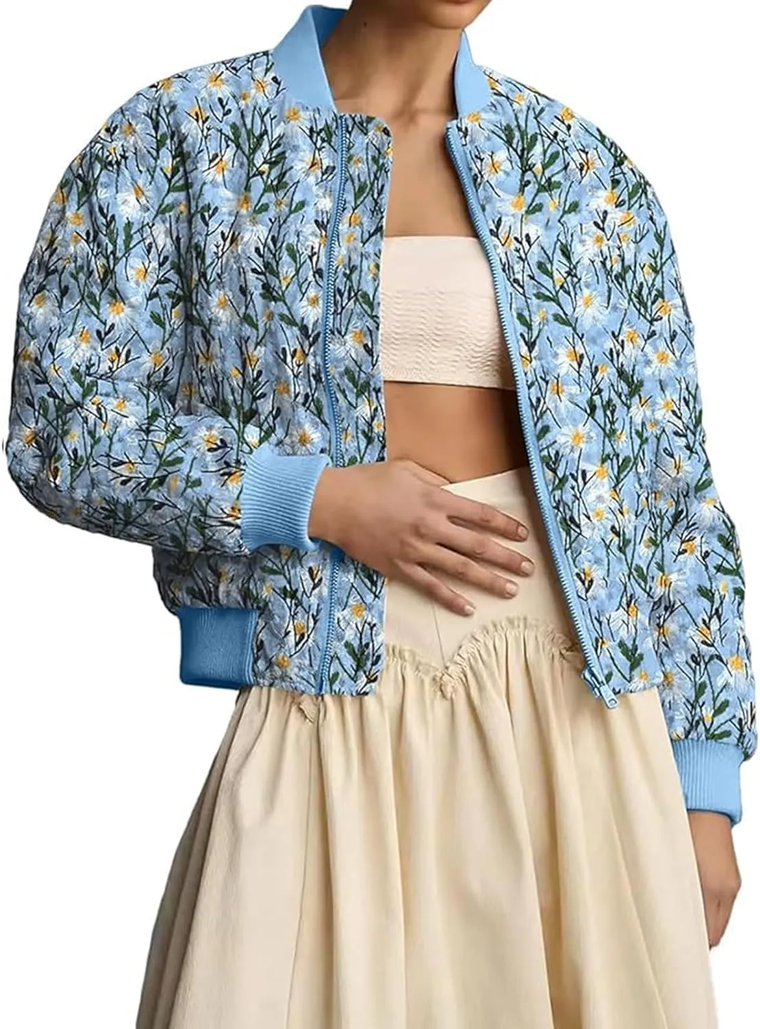 Women's Cropped Floral Print Bomber Jacket Winter Warm Puffer Jacket Zip Up Padded Coat with Pockets