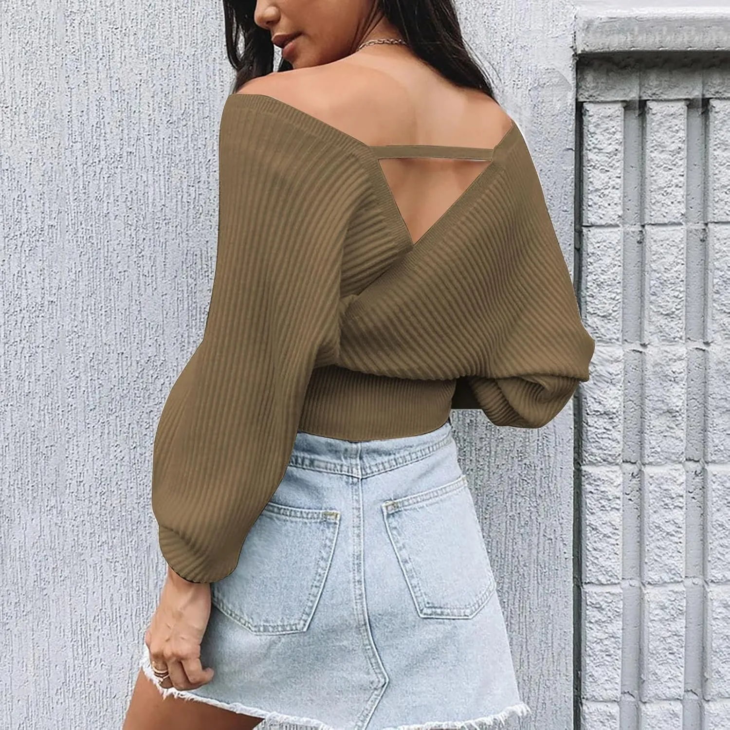 Womens Cute V Neck Criss Cross Front Wrap Sweater Top Flare Long Sleeve Fall Winter Knitted Cropped Sweater Pullover