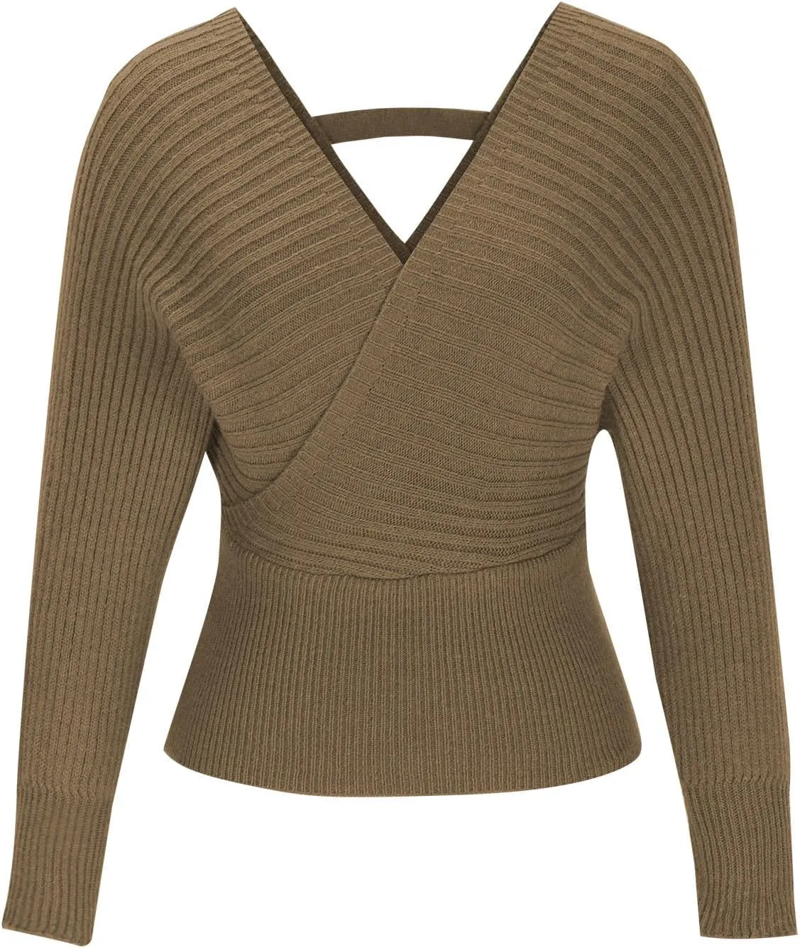 Womens Cute V Neck Criss Cross Front Wrap Sweater Top Flare Long Sleeve Fall Winter Knitted Cropped Sweater Pullover
