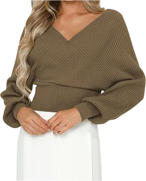 Womens Cute V Neck Criss Cross Front Wrap Sweater Top Flare Long Sleeve Fall Winter Knitted Cropped Sweater Pullover