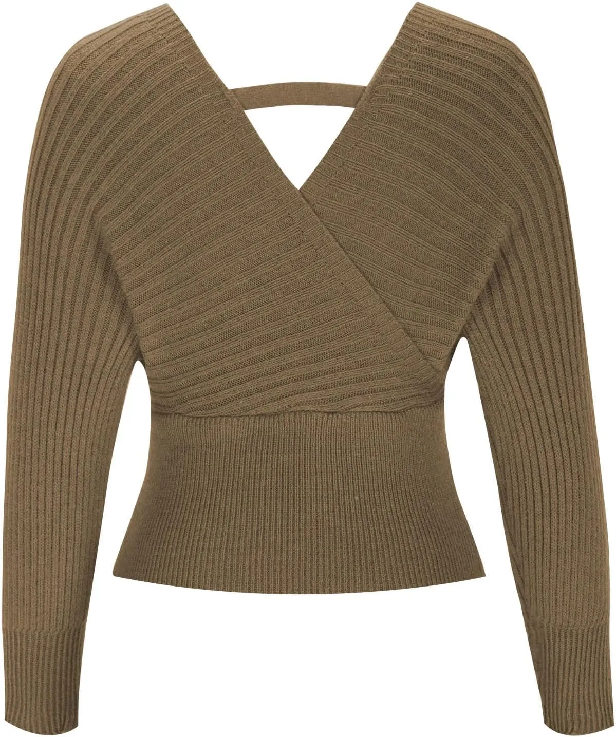 Womens Cute V Neck Criss Cross Front Wrap Sweater Top Flare Long Sleeve Fall Winter Knitted Cropped Sweater Pullover