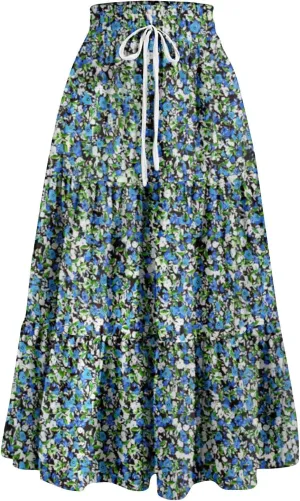 Women's Dresses Boho Floral Skirt Casual Elastic High Waist Maxi Skirts Flowy A Line Beach Long Skirt Dresses