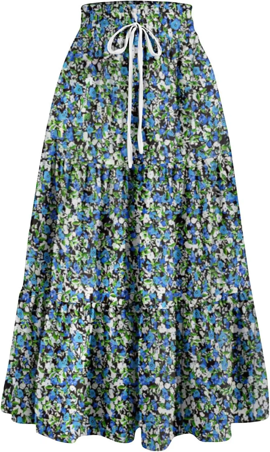 Women's Dresses Boho Floral Skirt Casual Elastic High Waist Maxi Skirts Flowy A Line Beach Long Skirt Dresses