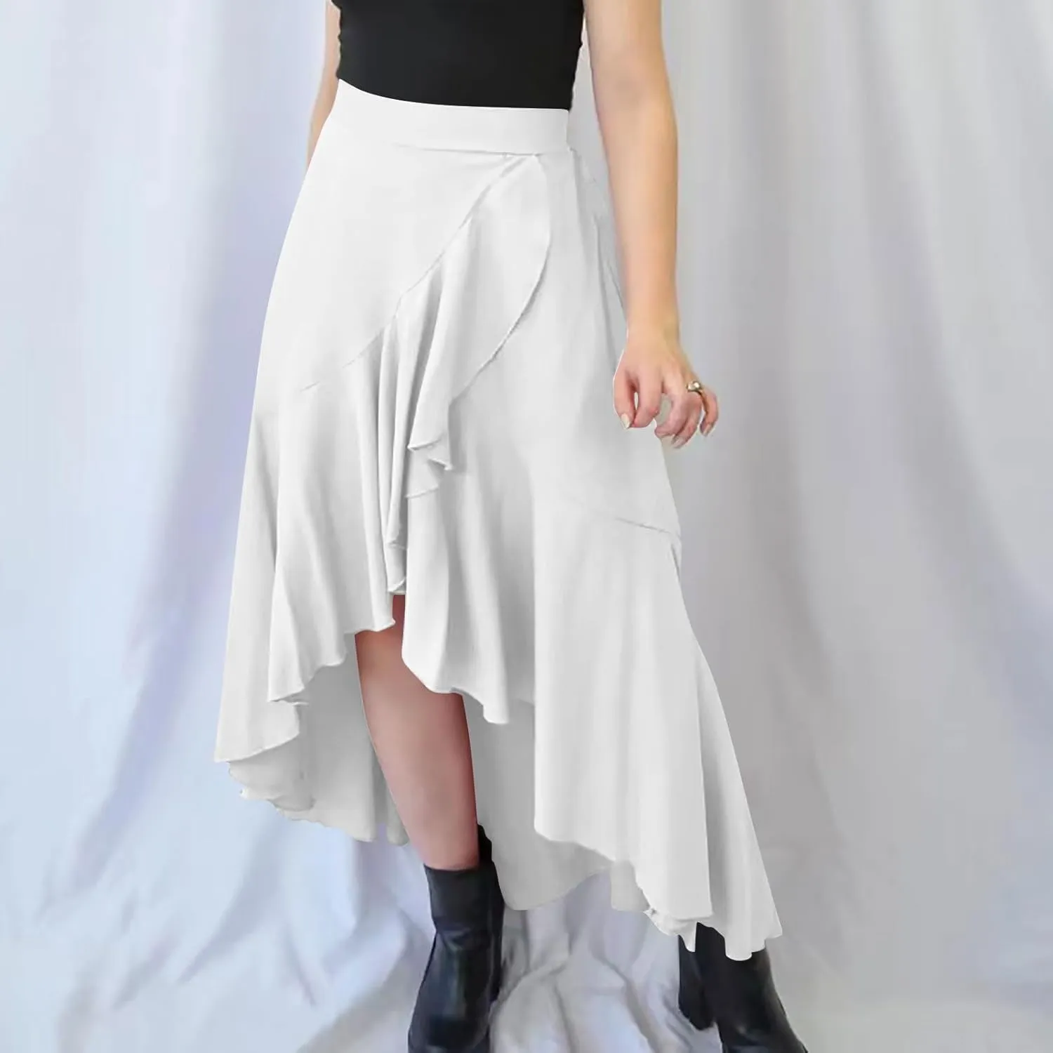 Women's High Waist Skirts Dressy Casual Ruffle Shirts High Low Asymmetric Skirt Elastic Waist Flowy Skirts Business Skirt