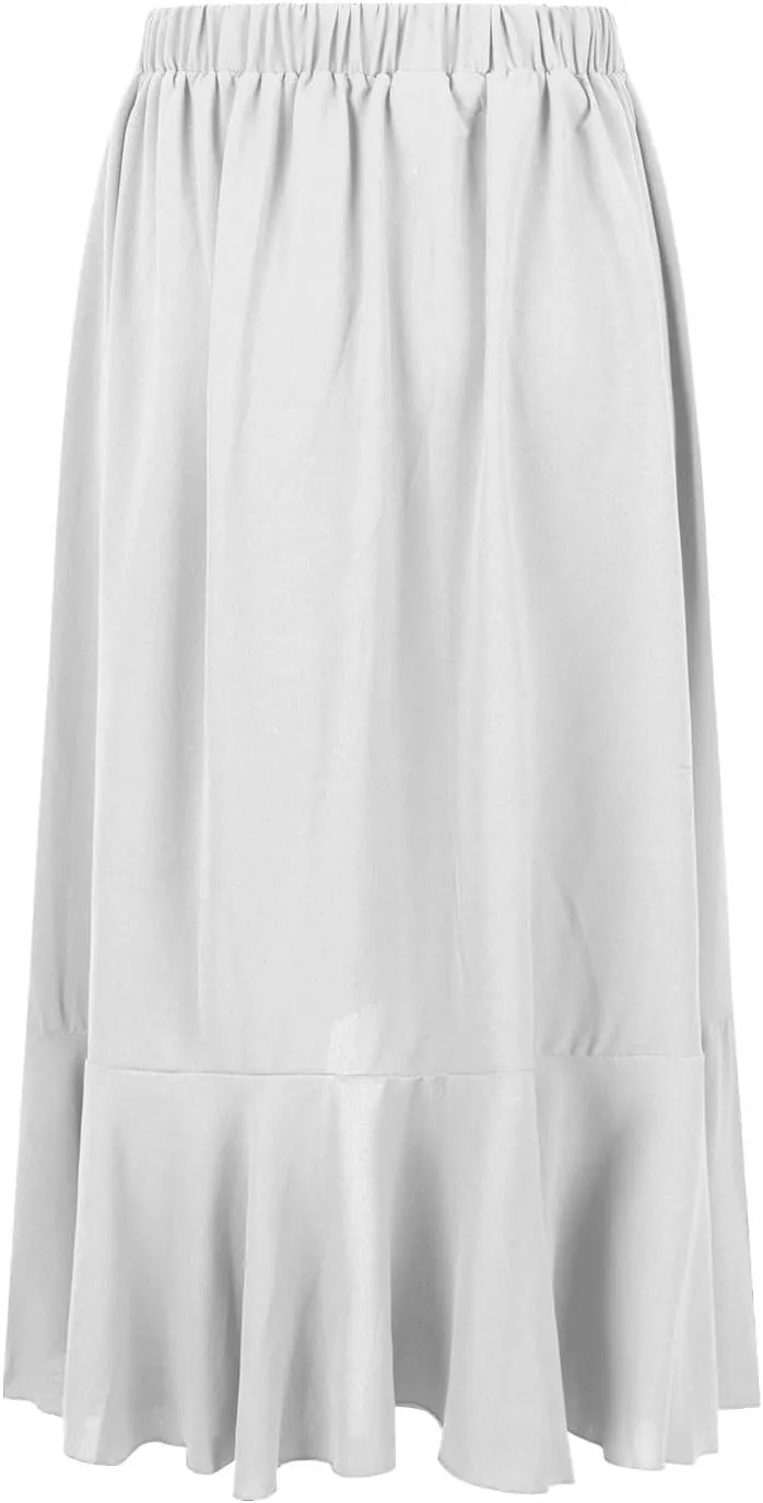 Women's High Waist Skirts Dressy Casual Ruffle Shirts High Low Asymmetric Skirt Elastic Waist Flowy Skirts Business Skirt