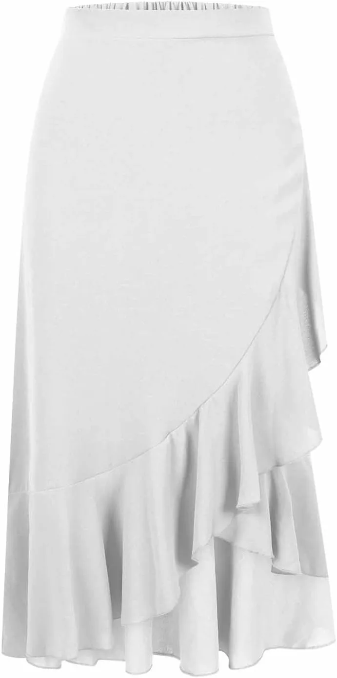 Women's High Waist Skirts Dressy Casual Ruffle Shirts High Low Asymmetric Skirt Elastic Waist Flowy Skirts Business Skirt