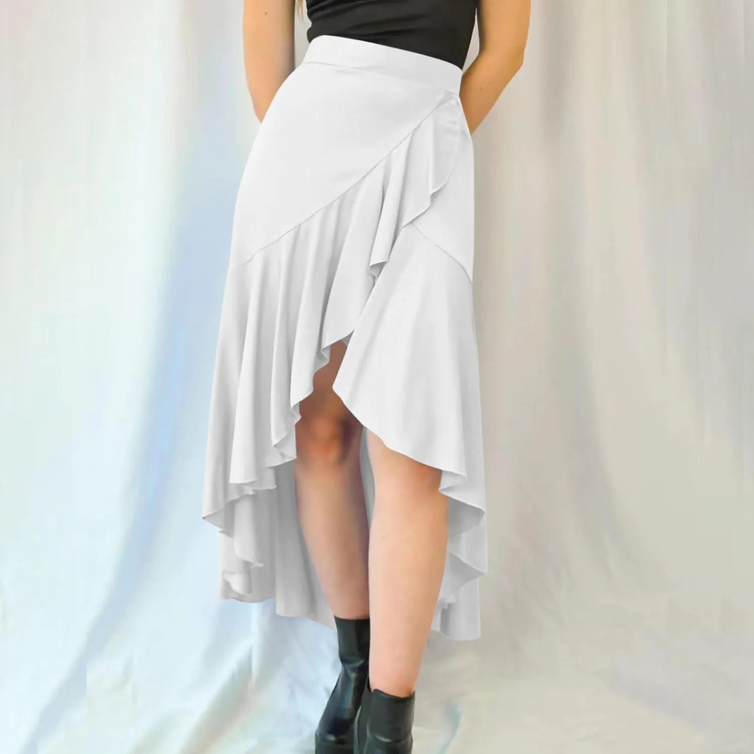 Women's High Waist Skirts Dressy Casual Ruffle Shirts High Low Asymmetric Skirt Elastic Waist Flowy Skirts Business Skirt