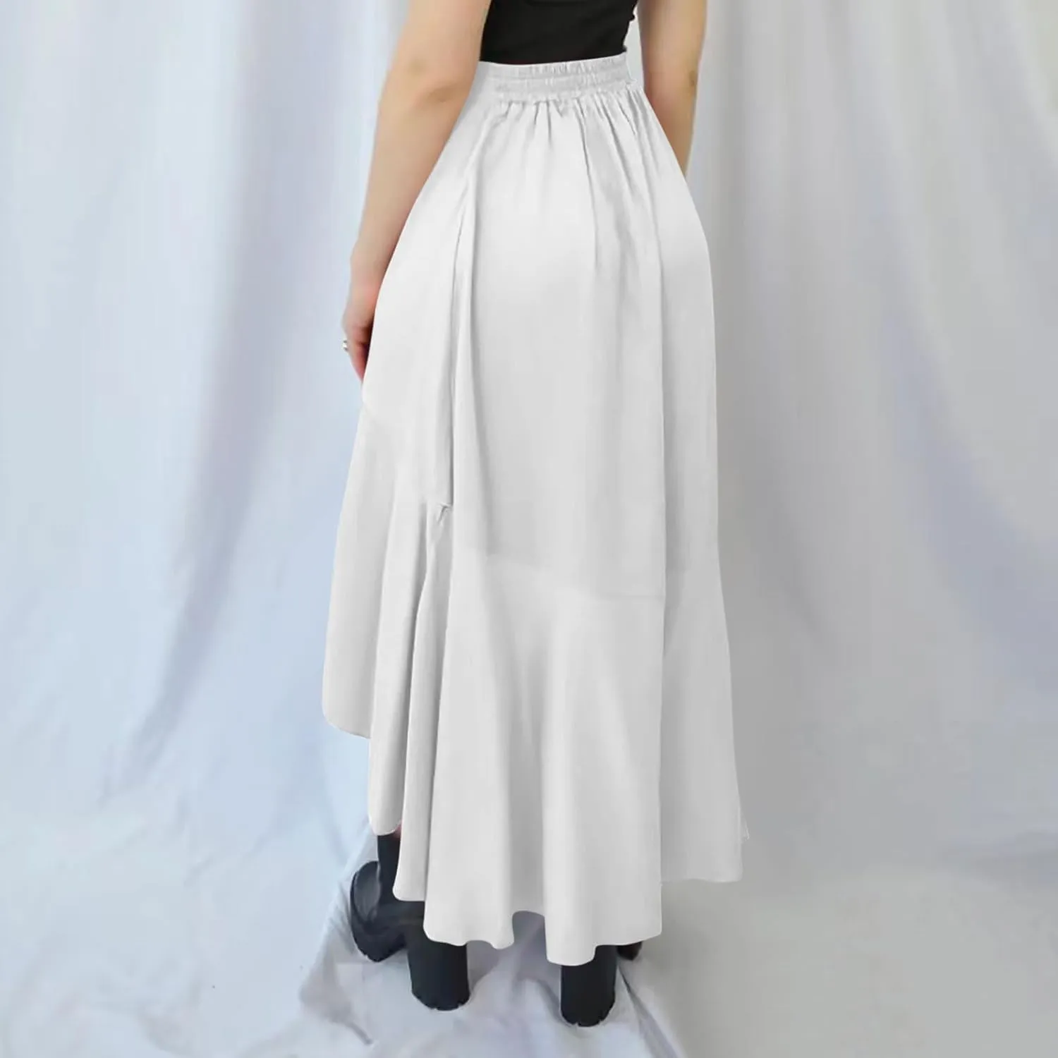 Women's High Waist Skirts Dressy Casual Ruffle Shirts High Low Asymmetric Skirt Elastic Waist Flowy Skirts Business Skirt