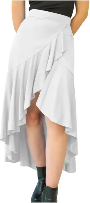 Women's High Waist Skirts Dressy Casual Ruffle Shirts High Low Asymmetric Skirt Elastic Waist Flowy Skirts Business Skirt