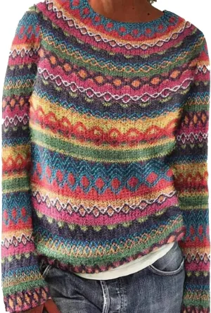 Womens Knitted Fair Isle Print Retro Sweater Long Sleeve Crewneck Sweater Ugly Christmas Fall Sweaters for Women 2024