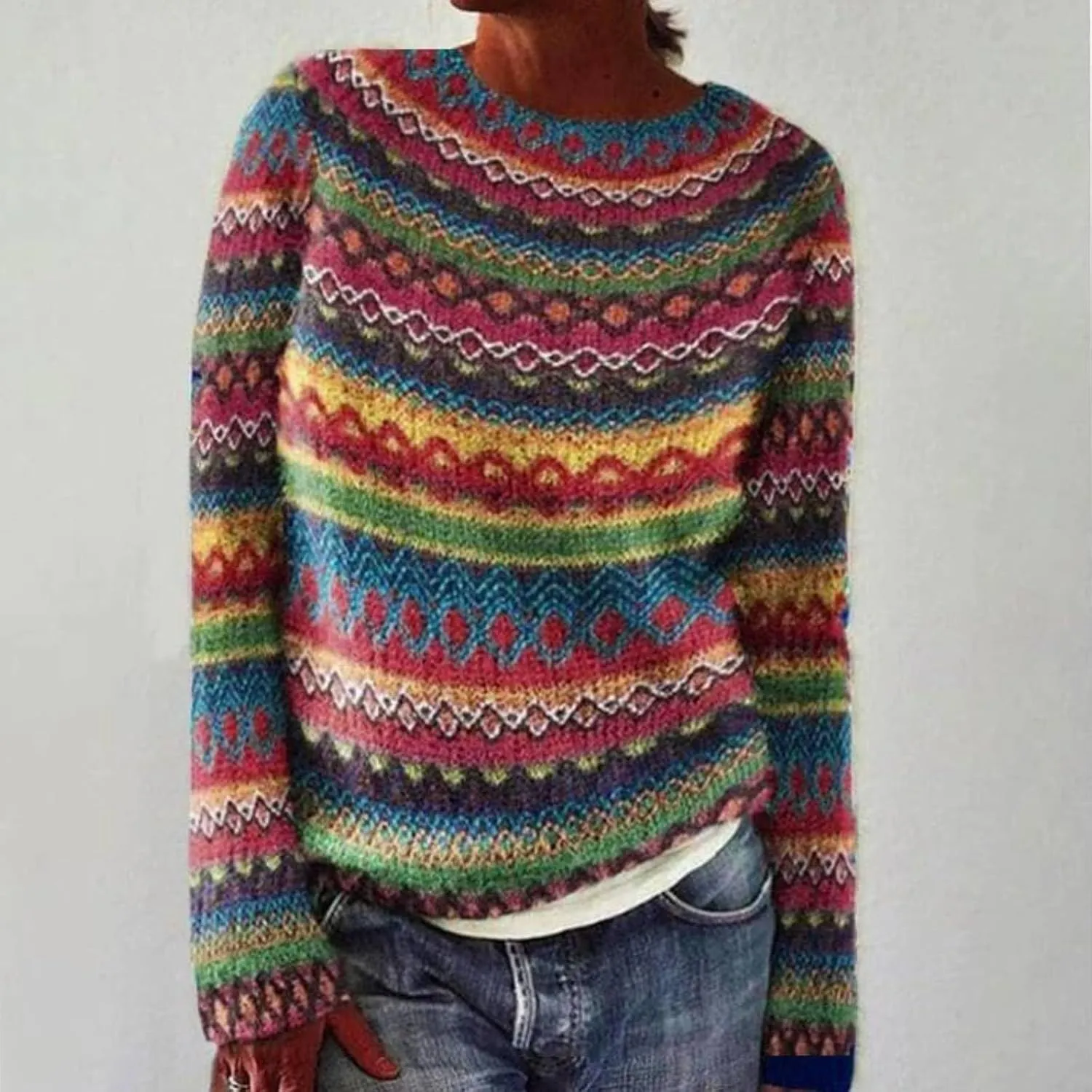 Womens Knitted Fair Isle Print Retro Sweater Long Sleeve Crewneck Sweater Ugly Christmas Fall Sweaters for Women 2024