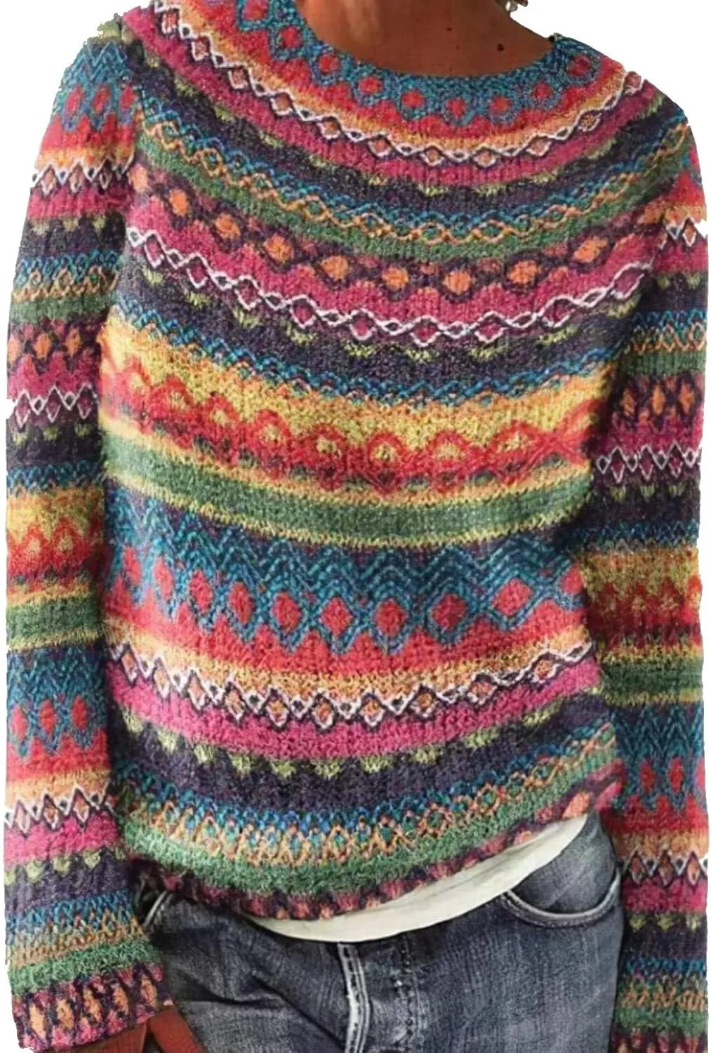 Womens Knitted Fair Isle Print Retro Sweater Long Sleeve Crewneck Sweater Ugly Christmas Fall Sweaters for Women 2024