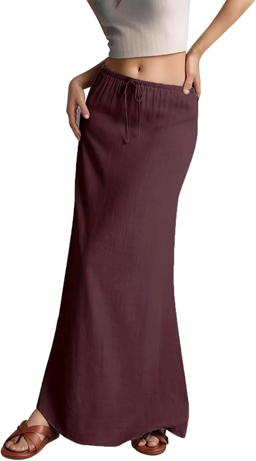 Womens Linen Maxi Skirts Summer Elastic Waist Drawstring A Line Long Flared Skirts Vacation Boho Flowy Skirt