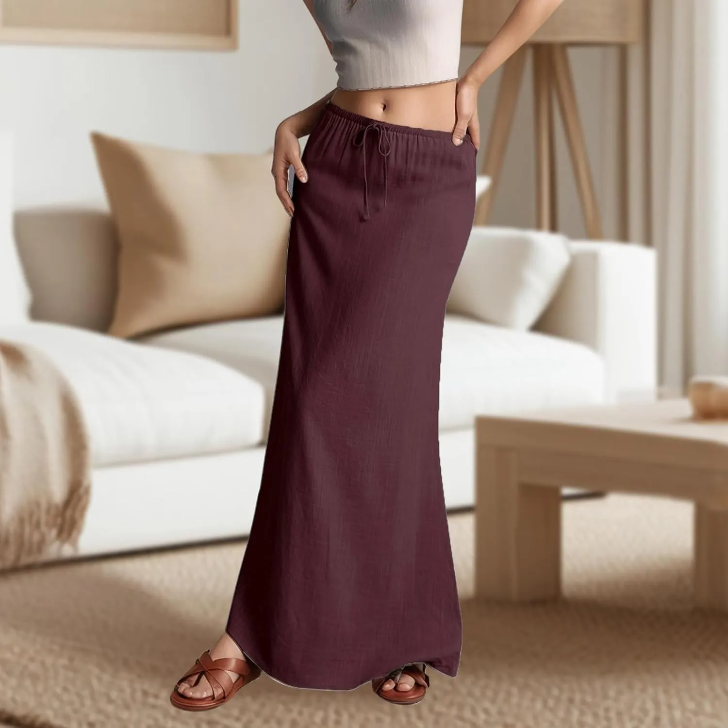 Womens Linen Maxi Skirts Summer Elastic Waist Drawstring A Line Long Flared Skirts Vacation Boho Flowy Skirt