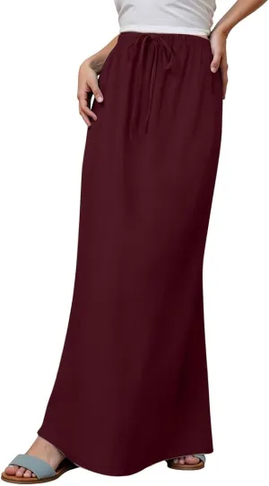 Womens Linen Maxi Skirts Summer Elastic Waist Drawstring A Line Long Flared Skirts Vacation Boho Flowy Skirt