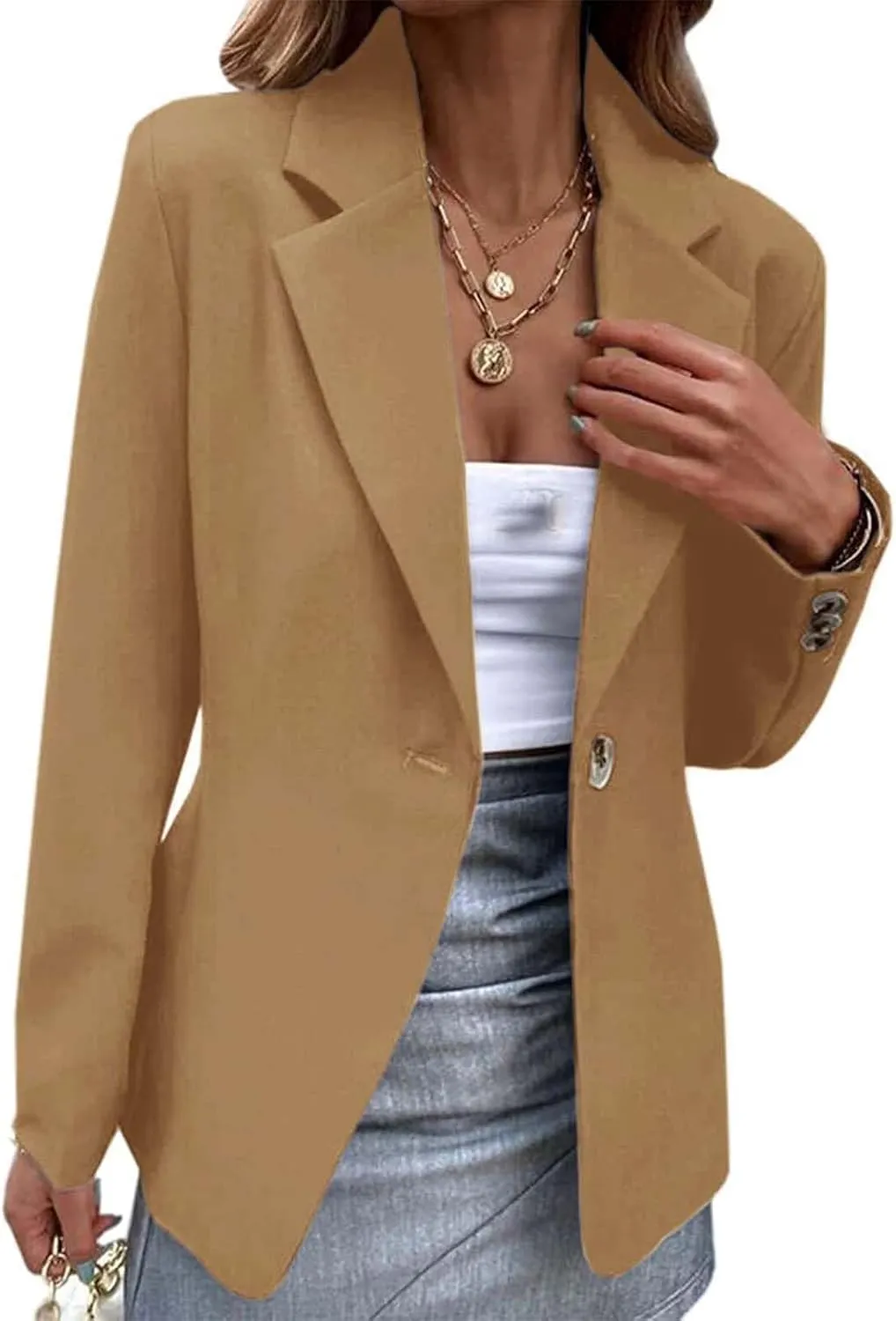 Womens Long Sleeve Blazers One Button Casual Blazer Jacket Dressy Soft Stretchy Cardigan