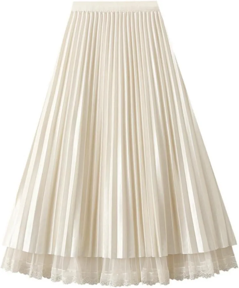 Women's Midi Skirt Elastic High Waist Lace Tulle Skirt Pleated Skirt Two Layered Reversible Skirt