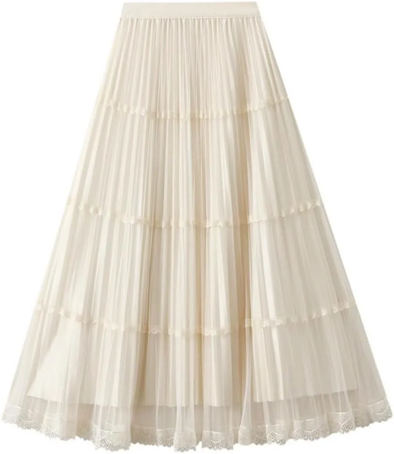 Women's Midi Skirt Elastic High Waist Lace Tulle Skirt Pleated Skirt Two Layered Reversible Skirt