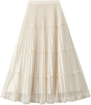Women's Midi Skirt Elastic High Waist Lace Tulle Skirt Pleated Skirt Two Layered Reversible Skirt